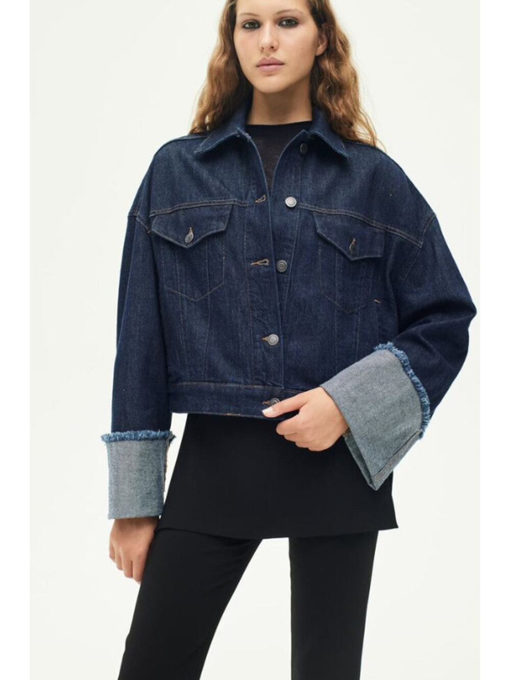 Zara Cropped Denim Jacket Womens Size XL Indigo Dark Wash Frayed Cuff Oversized